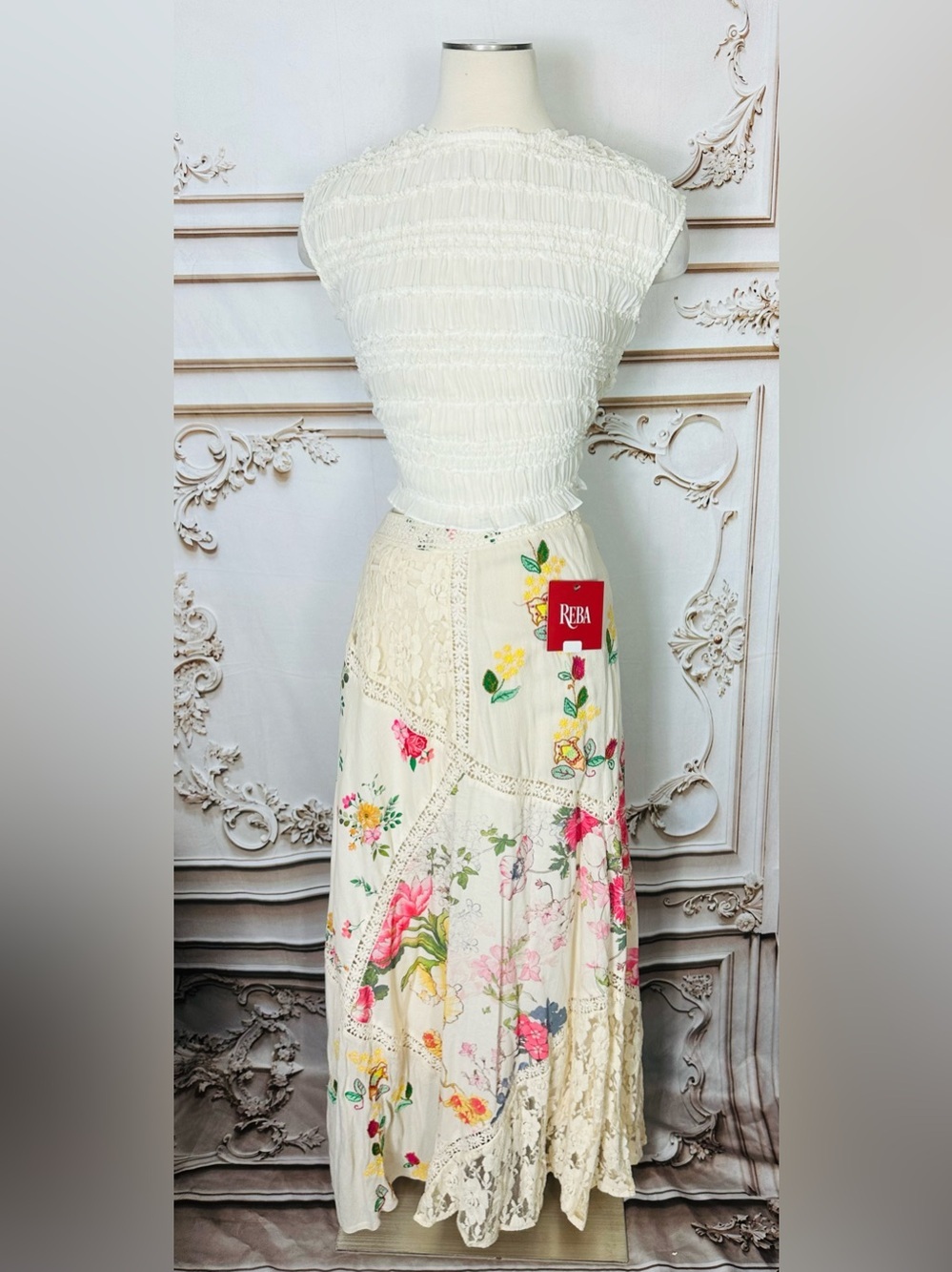 Floral Patchwork Lace Maxi Skirt - Cream - Picture 2 of 12